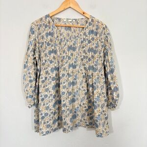 Dolma Floral Tunic Top Women Size Medium Blue Sheer 3/4 Sleeves